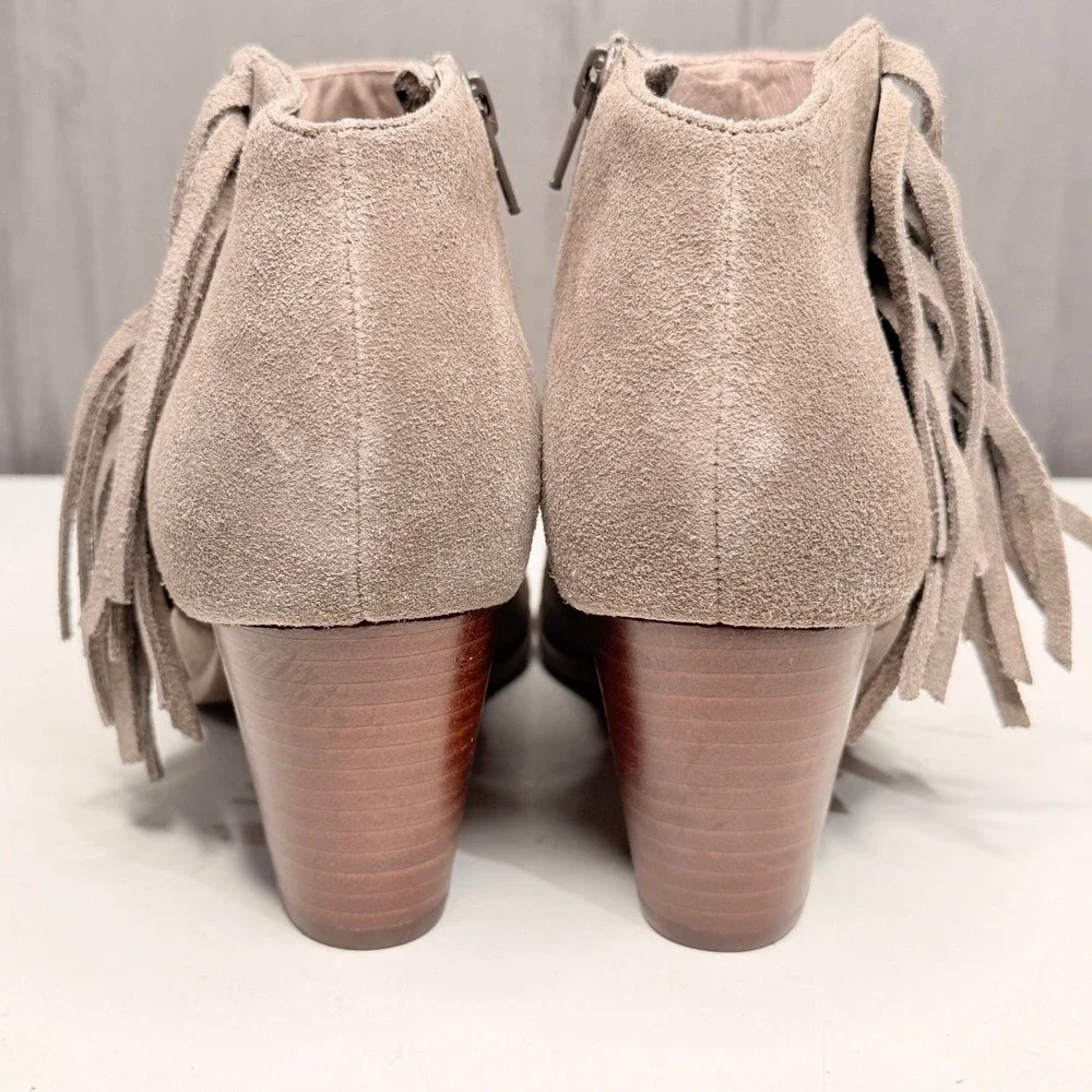 Vionic Faros Ankle Boots Womens Sz 10 Taupe Suede Fringe Studded Western Boho
